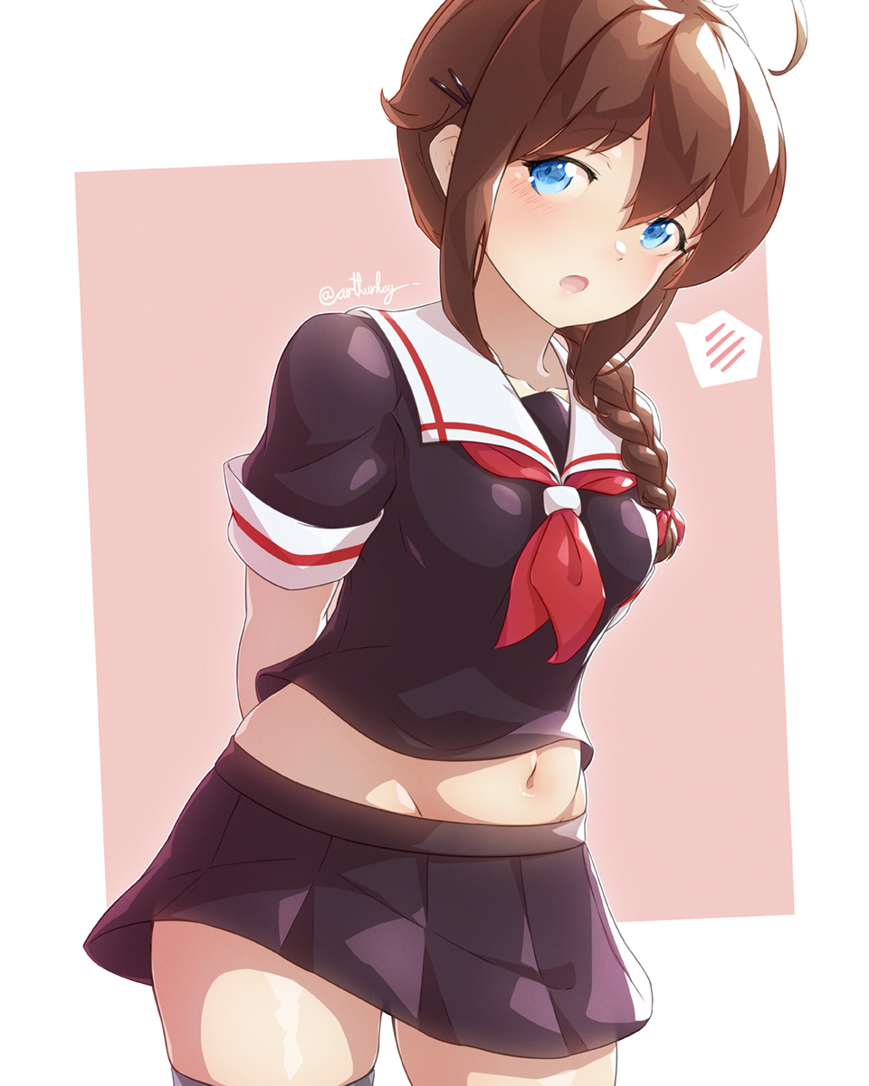 1girl ahoge arthur_ko black_serafuku black_shirt black_skirt blue_eyes braid brown_hair hair_flaps hair_ornament hair_over_shoulder hairclip highres kantai_collection midriff miniskirt navel neckerchief pleated_skirt red_neckwear remodel_(kantai_collection) school_uniform serafuku shigure_(kancolle) shirt short_sleeves skirt solo