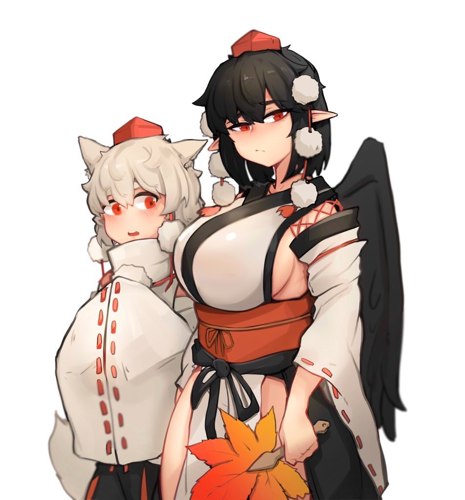 animal_ears black_hair breasts doro_au fan hat inubashiri_momiji large_breasts multiple_girls pointy_ears red_eyes shameimaru_aya shirt short_hair sideboob silver_hair skirt tail tokin_hat touhou white_shirt wings wolf_ears wolf_tail