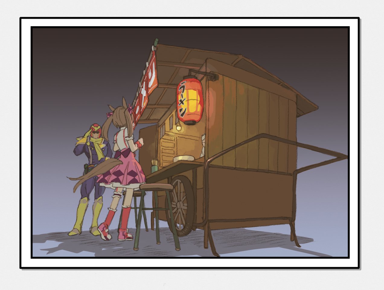 1girl 2boys animal_ears boots bowl brown_hair captain_falcon crossover f-zero from_yaneura gloves helmet horse_ears horse_tail kneehighs lantern long_hair multiple_boys namesake paper_lantern salute scarf short_sleeves smart_falcon_(umamusume) stall standing tail twintails umamusume yellow_scarf