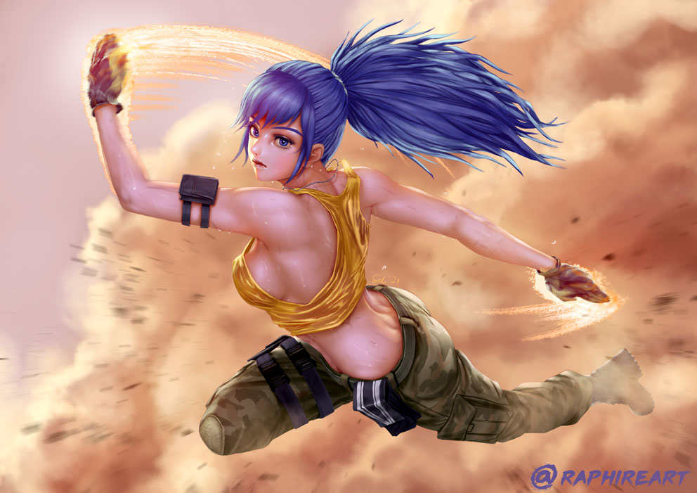 1girl ass bangs bare_shoulders belt blue_eyes blue_hair breasts camouflage camouflage_pants closed_mouth crop_top dog_tags earrings explosion gloves jewelry large_breasts leona_heidern long_hair military pants ponytail raphire sideboob sleeveless sports_bra tank_top the_king_of_fighters the_king_of_fighters_xiv the_king_of_fighters_xv triangle_earrings yellow_tank_top