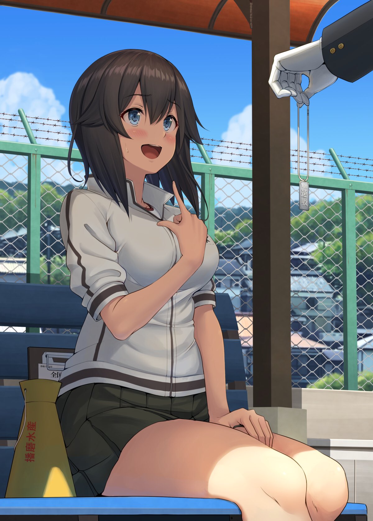 1girl admiral_(kancolle) black_hair black_jacket black_skirt blue_eyes blush breasts commentary_request day fence gloves hair_between_eyes hayasui_(kancolle) highres holding ichikawa_feesu jacket kantai_collection large_breasts looking_at_another medium_breasts medium_hair open_mouth outdoors pleated_skirt pointing pointing_at_self sitting skirt solo_focus sweat white_gloves white_jacket