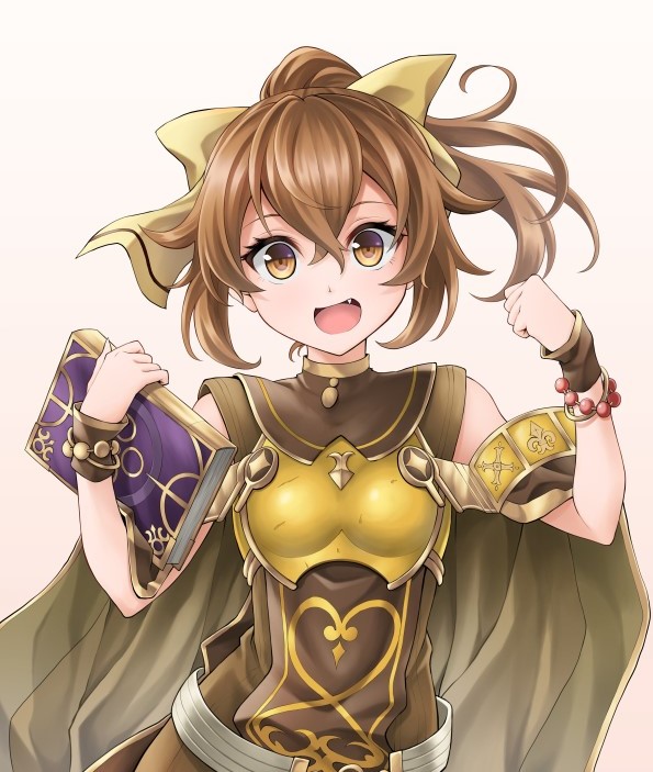 armlet armor bangs belt book bracelet bracer breastplate brown_eyes brown_hair cape collared_shirt commentary_request delthea_(fire_emblem) fire_emblem fire_emblem_echoes:_shadows_of_valentia fire_emblem_gaiden gold_trim hair_between_eyes hair_ribbon hands_up holding holding_book jewelry looking_at_viewer open_mouth ponytail ribbon shirt sidelocks simple_background sleeveless smile ten_(tenchan_man) upper_body white_background yellow_armor