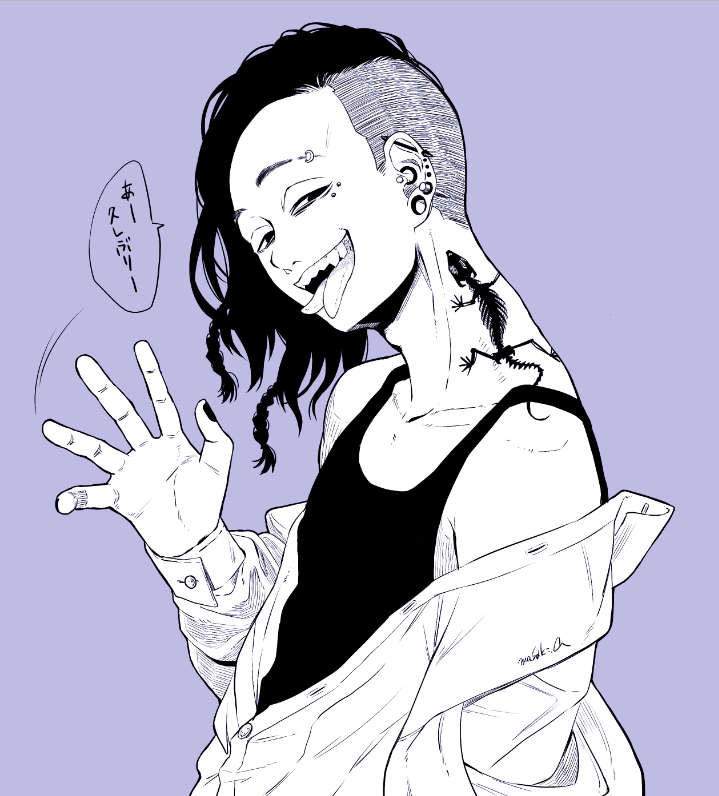 1boy braid clothes_down collarbone commentary_request forked_tongue nail_polish original piercing plug_(piercing) purple_background shirt sidecut signature smile solo spot_color tank_top tattoo teeth tongue tongue_out translated waving yuna-tu