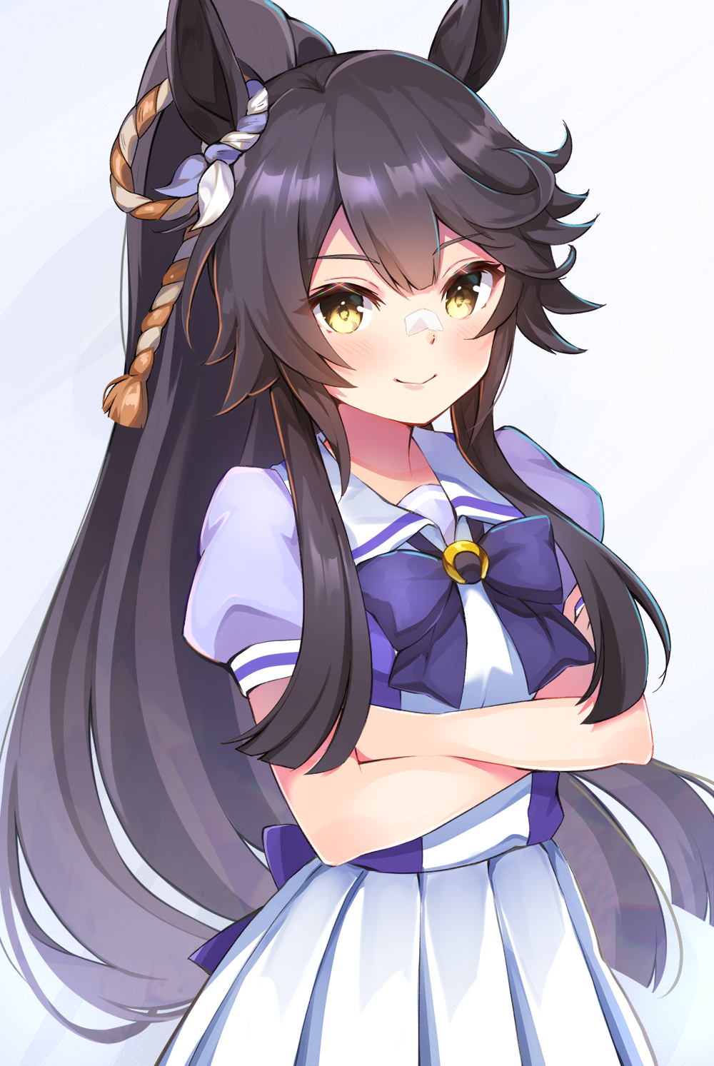 1girl animal_ears bangs black_hair bow brown_eyes closed_mouth commentary_request crossed_arms eyebrows_visible_through_hair grey_background high_ponytail highres horse_ears long_hair looking_at_viewer narita_brian_(umamusume) pilokey pleated_skirt ponytail puffy_short_sleeves puffy_sleeves purple_bow purple_shirt school_uniform shirt short_sleeves skirt smile solo tracen_school_uniform umamusume very_long_hair white_skirt