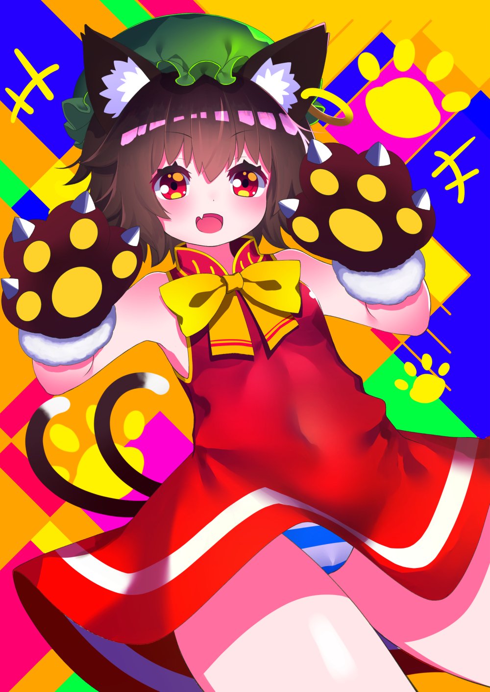 +++ 1girl :d abstract_background animal_ear_fluff animal_ears bare_shoulders blush bow brown_hair cat_ears cat_tail chen commentary_request covered_navel dress eyebrows_visible_through_hair fang flat_chest gloves gold_trim hands_up hat highres jewelry looking_at_viewer mob_cap multiple_tails nekomata open_mouth panties paw_gloves paw_print paws red_dress red_eyes short_hair simple_background single_earring skin_fang smile solo striped striped_panties tail thighs touhou two_tails underwear upskirt v-shaped_eyebrows yellow_bow yellow_neckwear yuujin_(yuzinn333)