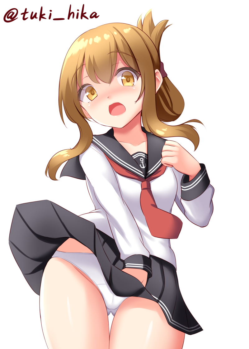anchor_symbol ass_visible_through_thighs black_sailor_collar black_skirt brown_eyes brown_hair commentary_request folded_ponytail hair_ornament hairclip inazuma_(kancolle) kantai_collection kneehighs long_hair neckerchief one-hour_drawing_challenge open_mouth panties pleated_skirt red_neckwear sailor_collar school_uniform serafuku simple_background skirt skirt_hold skirt_lift tokyo_yamane twitter_username underwear white_background white_panties wind wind_lift