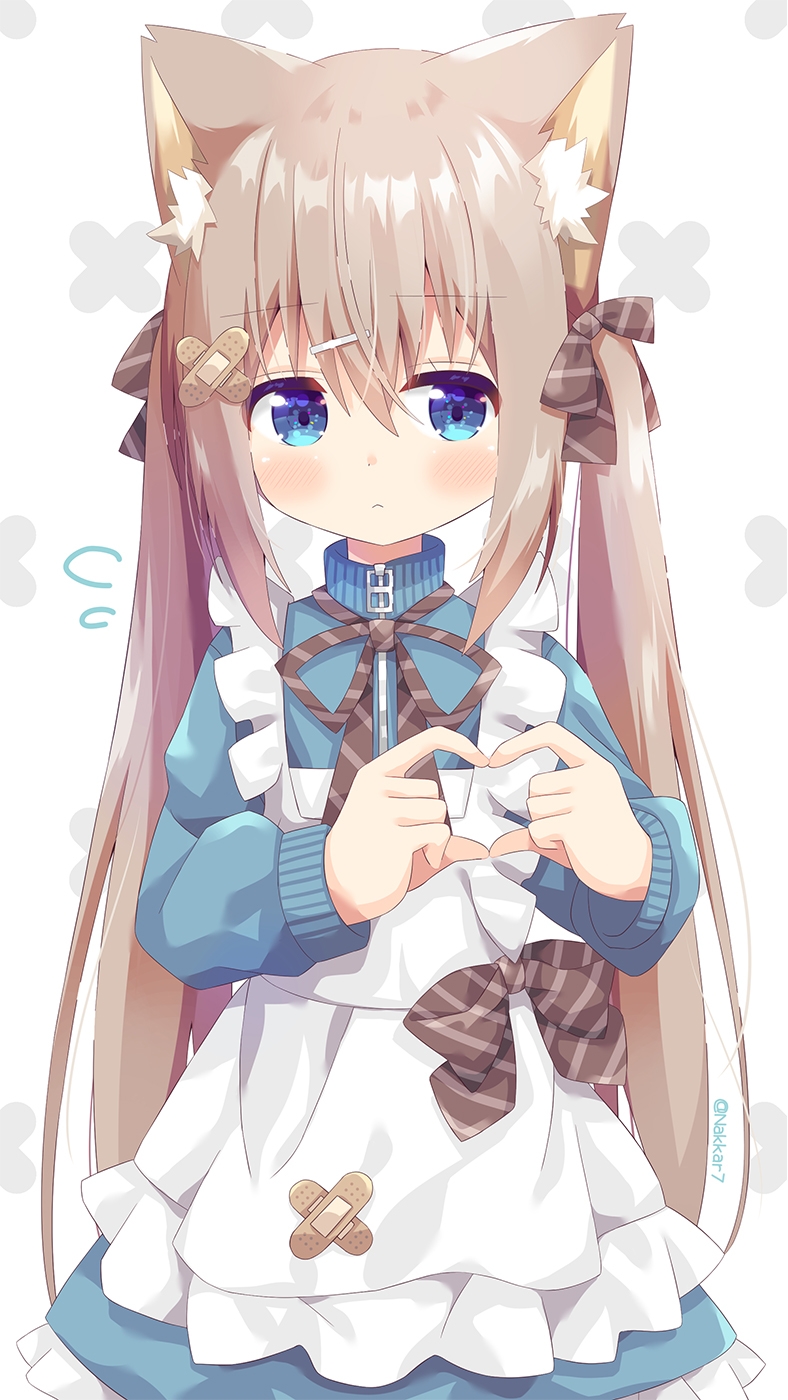 1girl animal_ears apron bandaid bangs blue_eyes blue_jacket blue_skirt blush bow brown_bow brown_hair cat_ears closed_mouth commentary_request crossed_bandaids diagonal_stripes eyebrows_visible_through_hair flying_sweatdrops frilled_apron frilled_skirt frills hair_between_eyes hair_bow heart heart_hands highres jacket long_hair looking_at_viewer maid_apron nakkar original skirt solo striped striped_bow twintails very_long_hair white_apron white_background