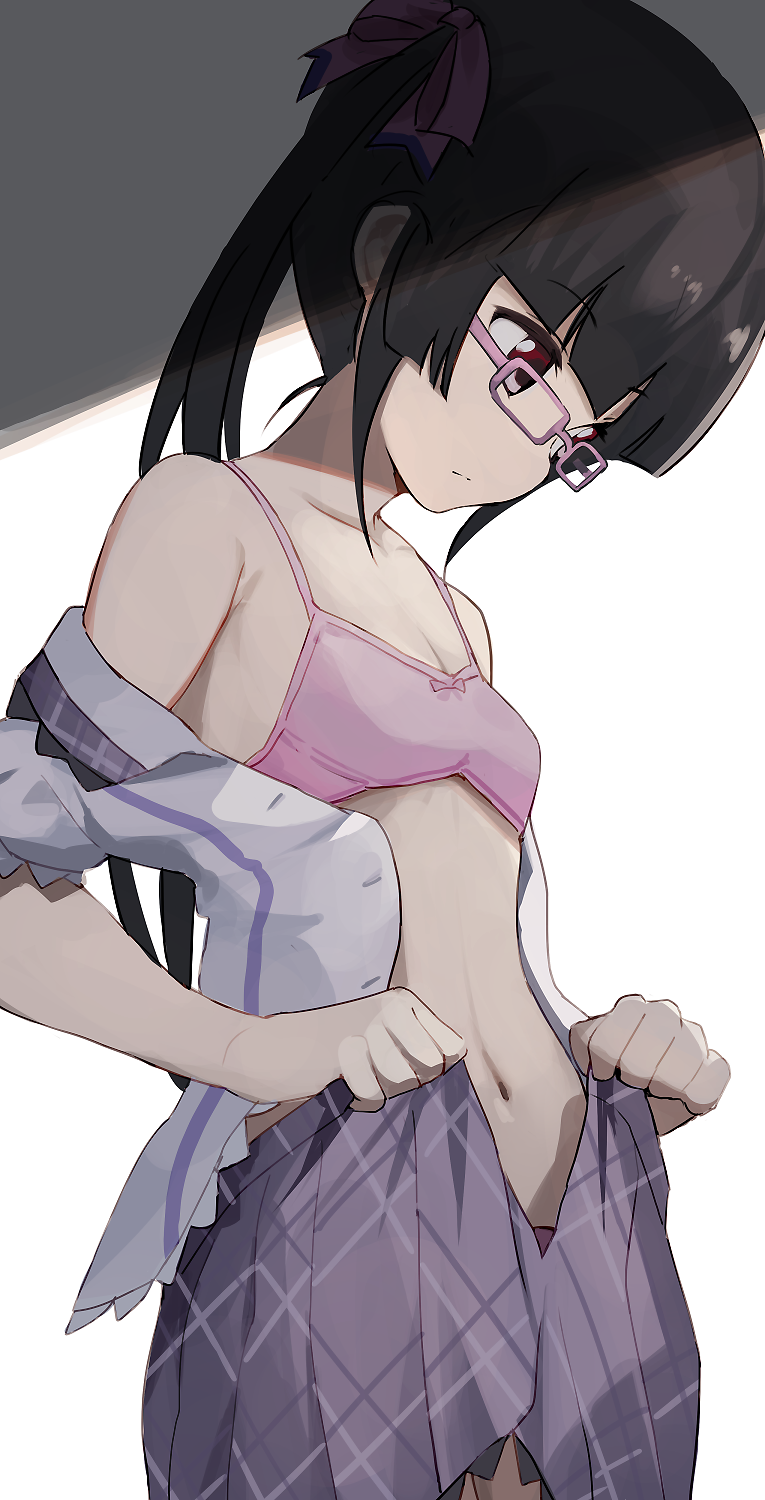 1girl black_hair bra breasts glasses highres hiroki_(yyqw7151) long_hair looking_down navel pink_bra senki_zesshou_symphogear shirt skirt small_breasts solo tsukuyomi_shirabe twintails underwear undressing white_shirt