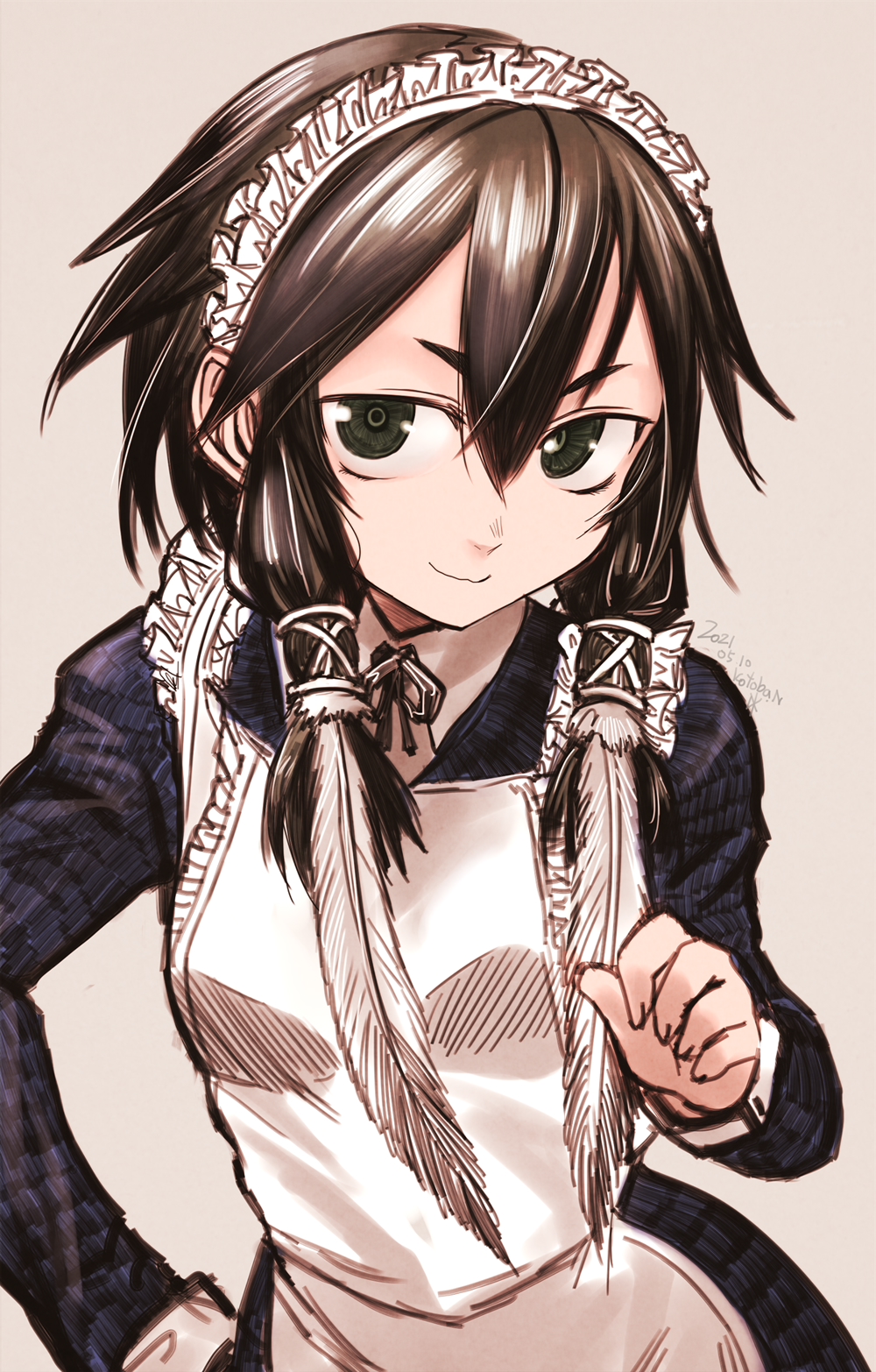1girl apron brown_hair closed_mouth dated dress feather_hair_ornament feathers green_eyes grey_background hair_between_eyes hair_ornament hair_tubes highres kotoba_noriaki long_sleeves looking_at_viewer maid_apron maid_day maid_headdress original purple_dress signature simple_background smile smug solo white_apron