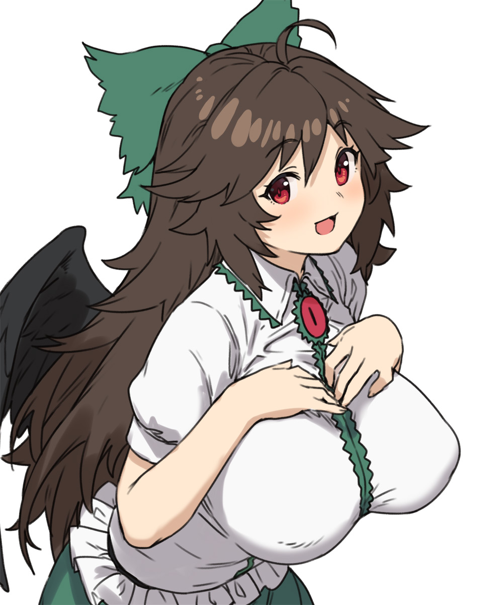 1girl :d black_hair black_wings bow breasts eyebrows_visible_through_hair green_bow hair_bow hands_on_own_chest highres houtengeki large_breasts long_hair looking_at_viewer open_mouth red_eyes reiuji_utsuho shirt short_sleeves simple_background smile solo touhou white_background white_shirt wings