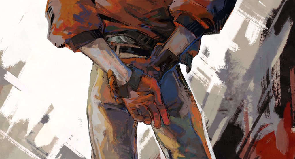 1boy arms_behind_back ass ass_focus belt bomber_jacket close-up creamyghost disco_elysium from_behind gloves hands_together jacket kim_kitsuragi male_focus orange_jacket out_of_frame pants shirt sleeves_rolled_up solo