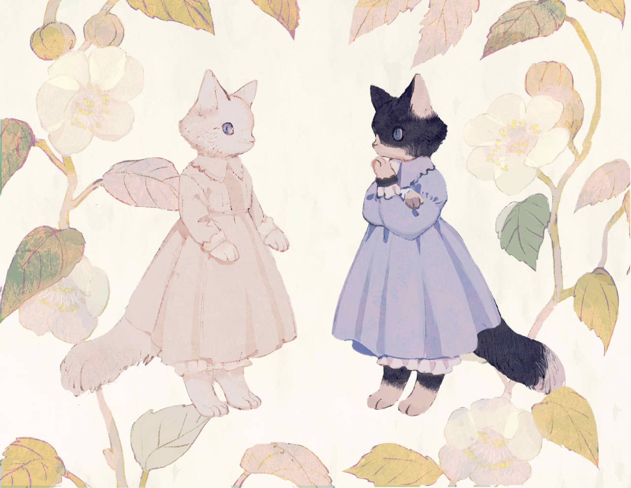 animal animal_focus bloomers blue_dress blue_eyes cat clothed_animal crossed_arms dress floral_background frilled_shirt_collar frills hand_to_own_mouth long_dress long_sleeves no_humans original rt0no standing underwear white_cat white_dress