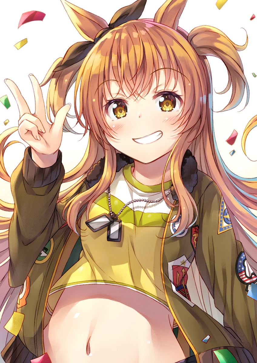 1girl animal_ears crop_top dog_tags eyebrows_visible_through_hair green_jacket grin hair_between_eyes highres horse_ears horse_girl jacket long_hair long_sleeves mayano_top_gun_(umamusume) navel open_clothes open_jacket orange_eyes orange_hair shirt smile solo tomo_wakui twintails two_side_up umamusume upper_body yellow_shirt