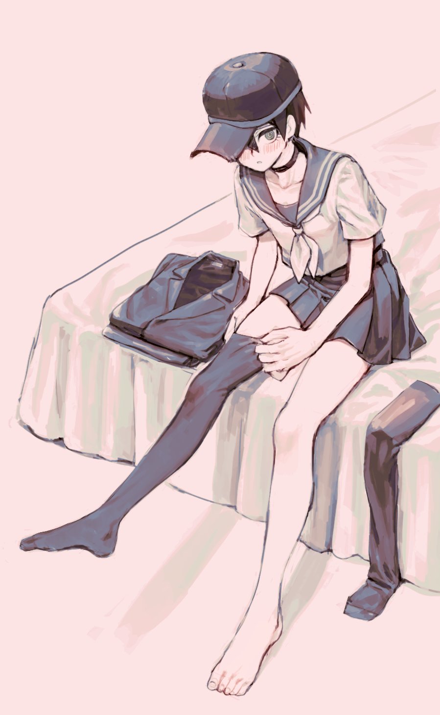 1boy 50k_v3 bangs barefoot black_choker black_hair black_headwear blush brown_eyes choker collarbone dangan_ronpa_(series) dangan_ronpa_v3:_killing_harmony dressing grey_background highres jacket looking_at_viewer no_shoes on_bed parted_lips pleated_skirt saihara_shuuichi sailor_collar school_uniform serafuku shirt short_hair single_thighhigh sitting skirt solo thigh-highs thighhighs_removed white_shirt