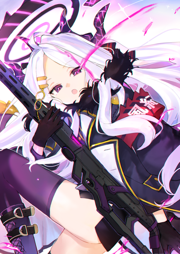 1girl atsumi_jun black_gloves blue_archive gloves glowing glowing_eyes gun halo hina_(blue_archive) holding holding_gun holding_weapon jacket knee_up long_hair long_sleeves looking_at_viewer open_mouth parted_lips purple_legwear rifle solo thigh-highs violet_eyes weapon white_hair