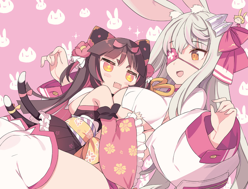 2girls :d animal_ears bare_shoulders between_breasts blade_(galaxist) blonde_hair blush bow breasts brown_eyes cat_ears character_name detached_sleeves eyepatch flower hair_bow hair_flower hair_ornament hands_up head_between_breasts large_breasts long_hair long_sleeves multiple_girls multiple_tails nekoyama_nae obi one_eye_covered open_mouth puffy_long_sleeves puffy_sleeves rabbit_ears rectangular_mouth red_bow sash size_difference smile tail thigh-highs toranoana two_tails white_legwear