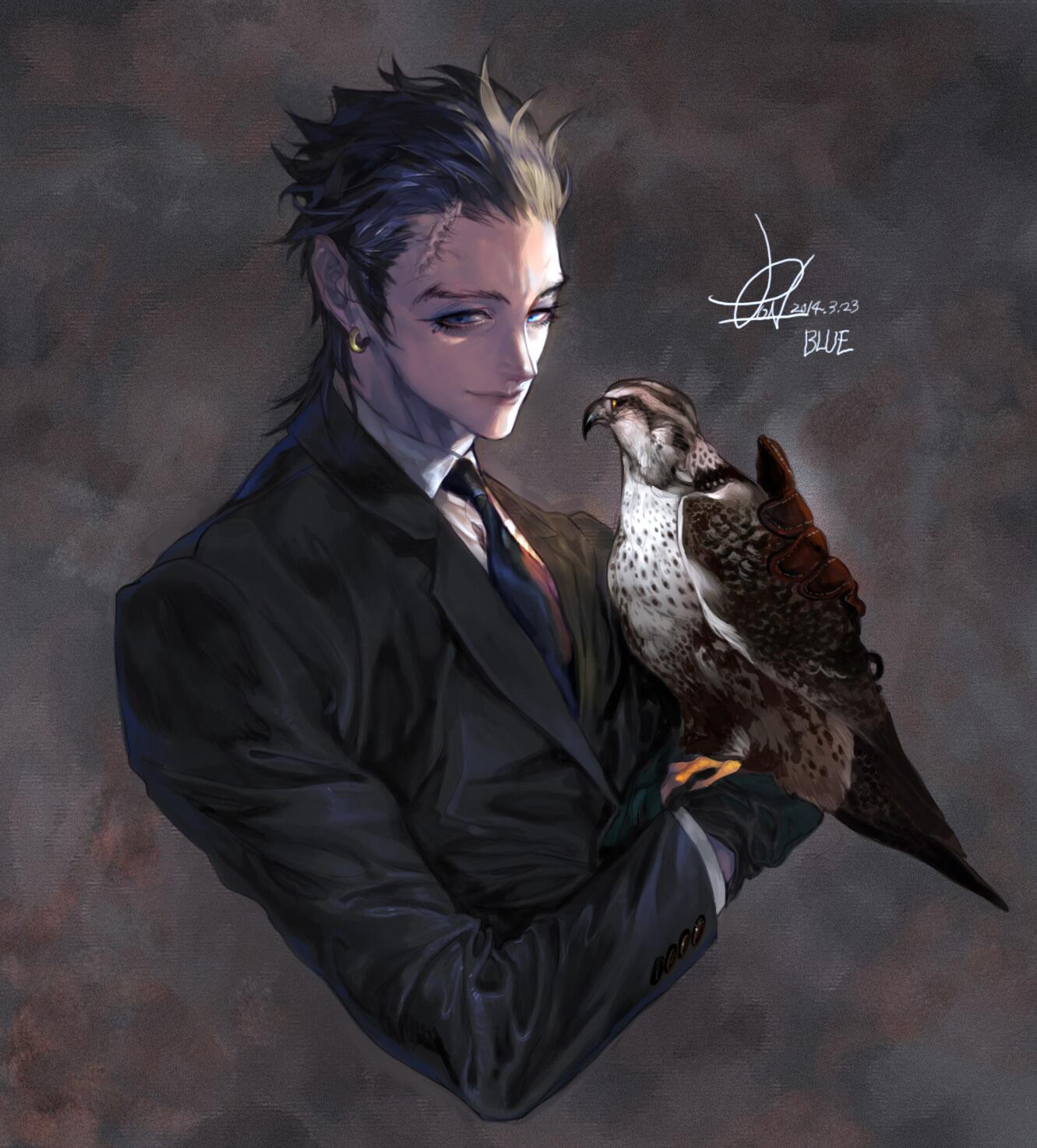 1boy bird black_gloves black_jacket blue_eyes blue_neckwear brown_gloves closed_mouth collared_shirt dated earrings falconry gloves grey_background hawk highres jacket jewelry long_sleeves looking_at_viewer male_focus mismatched_gloves mole mole_under_eye necktie original pigeon666 shirt signature smile solo upper_body white_shirt wing_collar