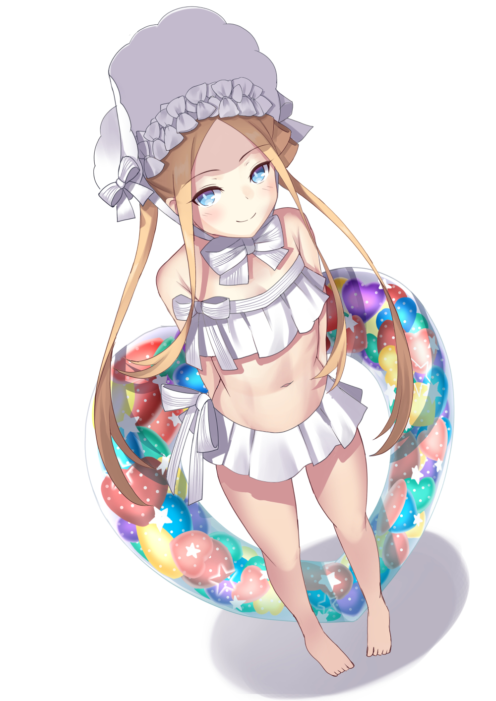 1girl abigail_williams_(fate) abigail_williams_(swimsuit_foreigner)_(fate) arms_behind_back bangs bare_shoulders bikini blonde_hair blue_eyes blush bonnet bow breasts fate/grand_order fate_(series) forehead full_body hair_bow highres innertube long_hair looking_at_viewer miniskirt mishiro_(ixtlolton) navel parted_bangs sidelocks skirt small_breasts smile swimsuit twintails very_long_hair white_bikini white_bow white_headwear