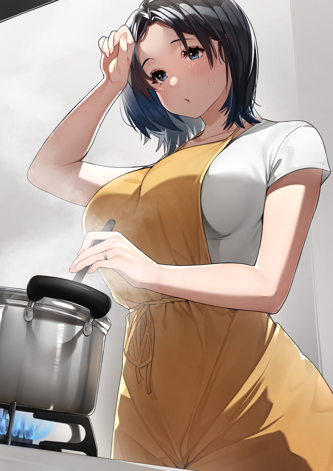 1girl apron arm_up bangs black_hair blue_eyes blush breasts collarbone commentary_request cooking cowboy_shot dutch_angle fingernails from_below hand_to_forehead hand_up highres indoors jewelry large_breasts looking_at_object looking_down mature_female original parted_bangs parted_lips pot ring sakura_no_tomoru_hi_e shiny shiny_hair shirt short_hair short_sleeves solo standing steam stirring sweatdrop wedding_band white_shirt yellow_apron