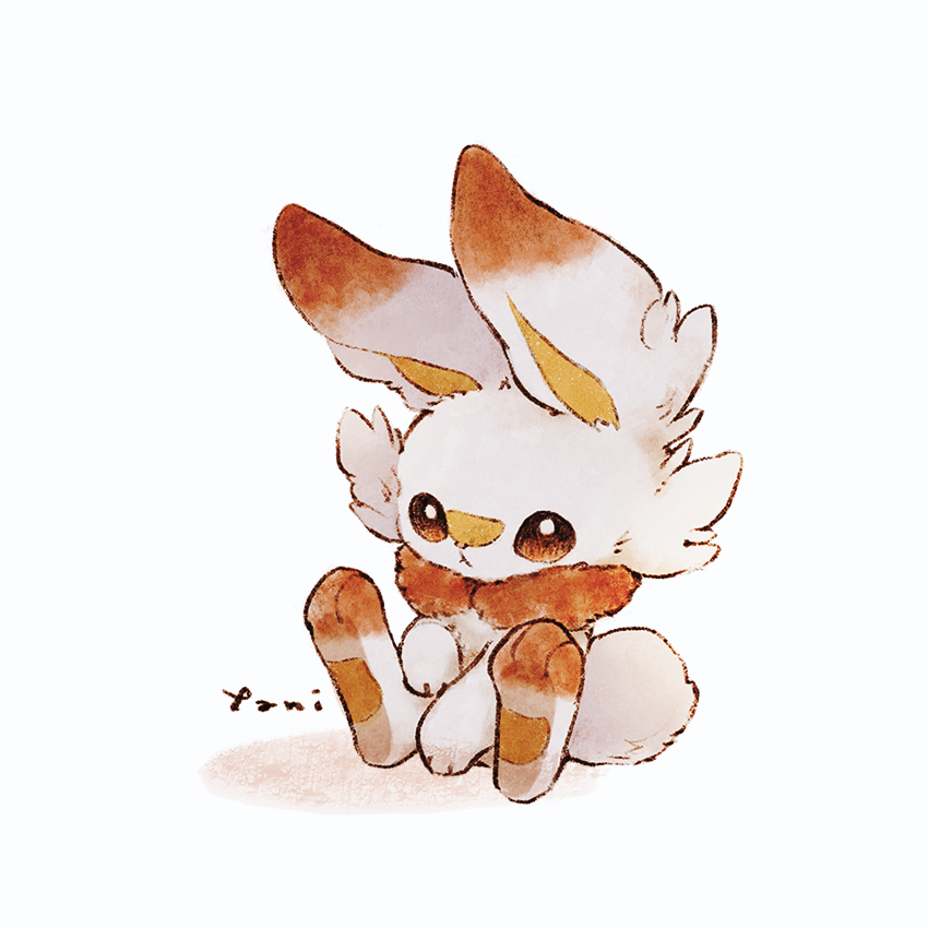 brown_eyes closed_mouth commentary_request creature full_body gen_8_pokemon paws pokemon pokemon_(creature) rabbit scorbunny signature sitting solo starter_pokemon toes white_fur zzzpani