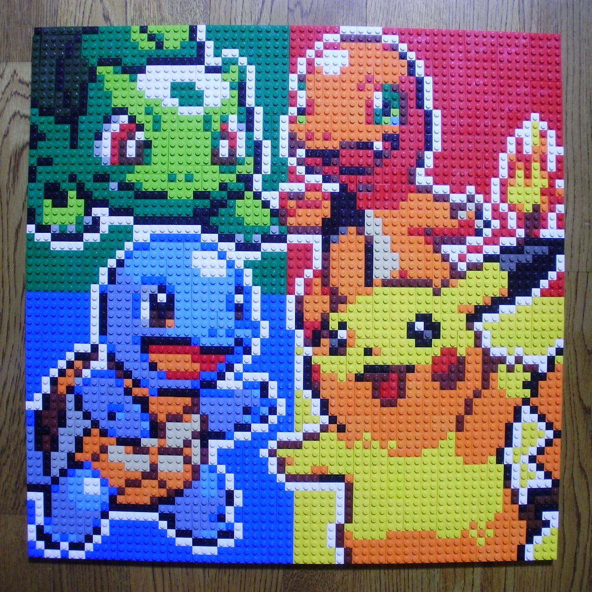 :d black_eyes blue_background brown_eyes bulbasaur charmander closed_mouth fang fiery_tail gen_1_pokemon green_background green_eyes highres lego lego_(medium) multicolored multicolored_background no_humans open_mouth outline photo_(medium) pikachu pixel_art pokemon pokemon_(creature) red_background red_eyes smile squirtle starter_pokemon tail unconventional_media white_outline yellow_background you_rei_(blowback)