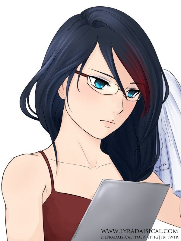 1girl aqua_eyes black_hair collarbone eyelashes focus frown glasses handkerchief highlights holding holding_handkerchief holding_towel ipad lyradaisical miraculous_ladybug multicolored_hair nathalie_sancoeur office_lady redhead secretary serious signature streaked_bangs streaked_hair tablet_pc tank_top towel white_background wiping_sweat