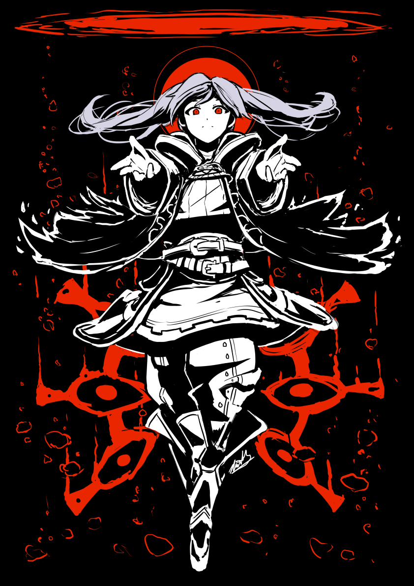 1girl automatic_giraffe belt black_background boots corruption dark_persona expressionless fire_emblem fire_emblem_awakening floating grima_(fire_emblem) jacket looking_at_viewer nintendo possessed reaching reaching_out red_eyes robin_(fire_emblem) robin_(fire_emblem)_(female) twintails white_hair