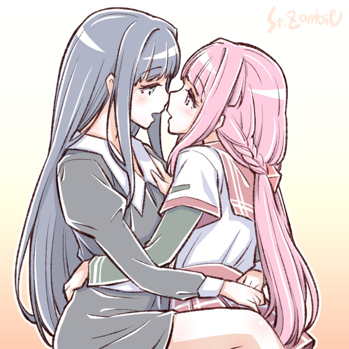 2girls age_difference artist_name blue_hair braid eye_contact hand_on_another's_chest hug imminent_kiss long_hair looking_at_another low_ponytail magia_record:_mahou_shoujo_madoka_magica_gaiden mahou_shoujo_madoka_magica multiple_girls nanami_yachiyo pink_hair studiozombie tamaki_iroha yuri