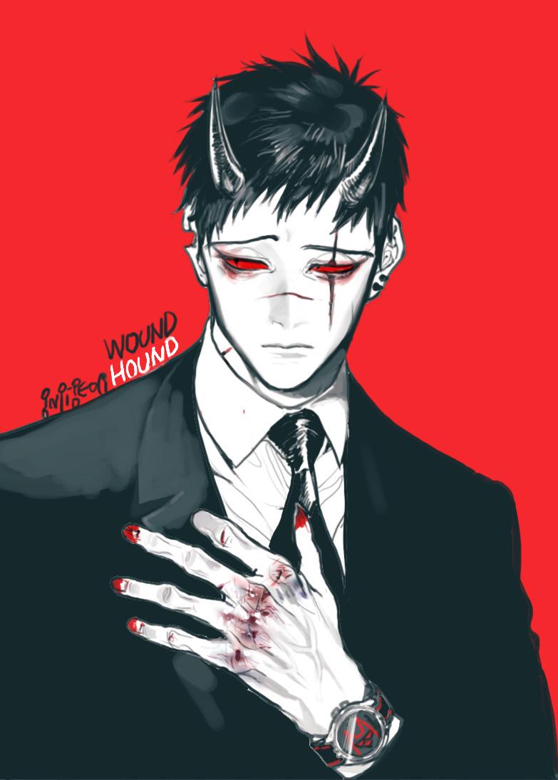 1boy black_eyes business_suit closed_mouth collared_shirt colored_sclera copyright_request earrings formal hand_up horns jacket jewelry male_focus monochrome necktie oni oni_horns pigeon666 red_background red_nails red_sclera red_theme sanpaku shirt simple_background solo suit watch watch wing_collar