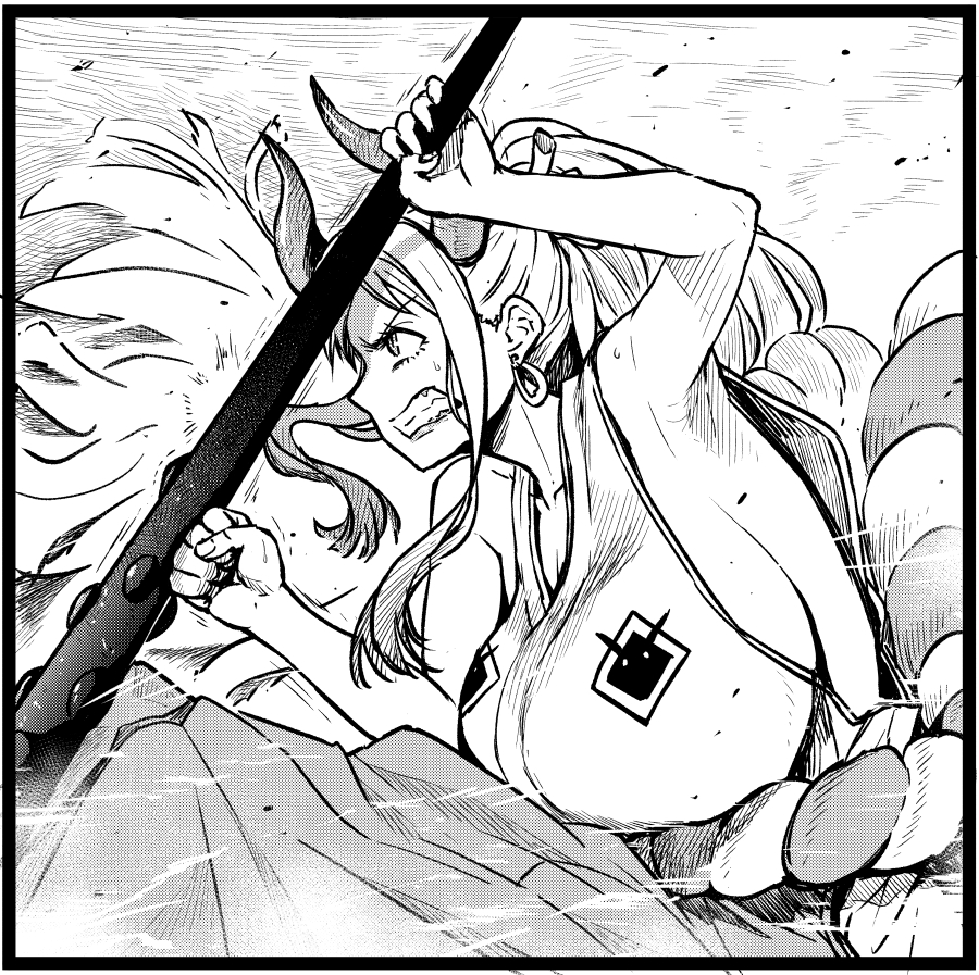 black_border border breasts clenched_hand clenched_teeth club_(weapon) earrings greyscale hair_ornament henriiku_(ahemaru) holding holding_club holding_weapon horns japanese_clothes jewelry large_breasts long_hair monochrome one_piece ponytail sideboob skirt solo teeth weapon yamato_(one_piece)