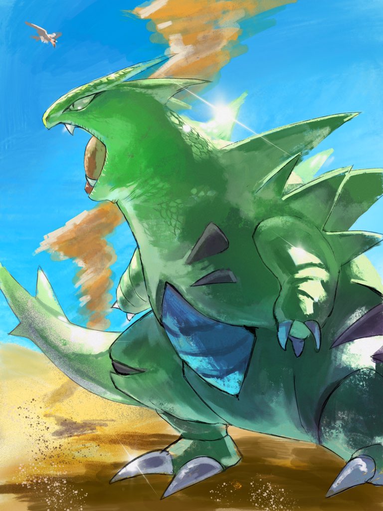 claws day fangs from_side gen_2_pokemon gen_5_pokemon glint mandibuzz open_mouth outdoors pecohophop pokemon pokemon_(creature) sand shiny sky standing tongue tyranitar