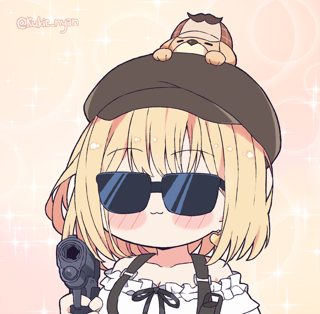 aiming_at_viewer animal_on_head blouse blush_stickers brown_headwear bubba_(watson_amelia) chibi commentary dog english_commentary flat_cap frilled_blouse gun handgun hat holding holding_gun holding_weapon hololive hololive_english kukie-nyan on_head pistol short_hair short_sleeves sunglasses twitter_username upper_body virtual_youtuber watson_amelia weapon white_blouse