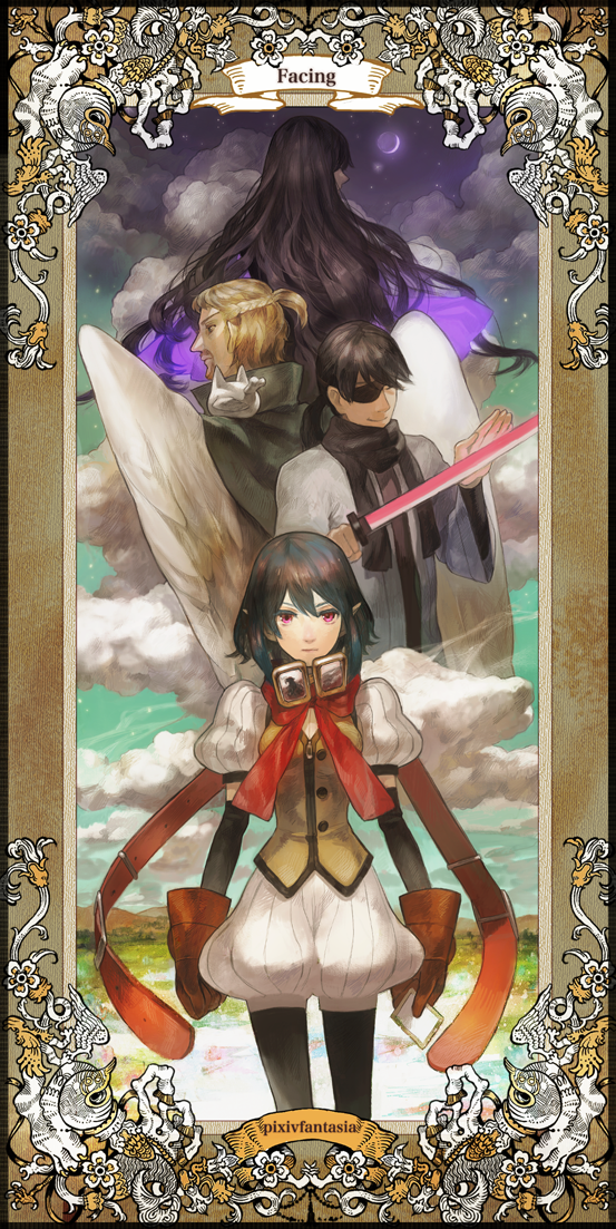 1girl 3boys black_hair blonde_hair borrowed_character brown_hair clouds eyepatch fantasy from_behind gloves goggles goggles_around_neck half_updo holding holding_weapon kamal_(pixiv_fantasia) long_hair multiple_boys nishihara_isao pixiv_fantasia pixiv_fantasia_4 pointy_ears puffy_short_sleeves puffy_shorts puffy_sleeves red_eyes rose_(pixiv_fantasia_4) serious short_hair short_sleeves shorts walking weapon wings