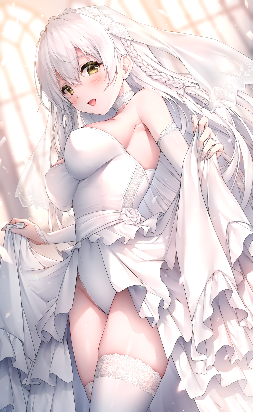 1girl :d azur_lane bangs bare_shoulders blush braid breasts bridal_gauntlets commentary_request cowboy_shot eyebrows_visible_through_hair hair_between_eyes hermione_(azur_lane) highres jewelry large_breasts leotard long_hair looking_at_viewer nail_polish open_mouth oyuwari ring skirt skirt_hold smile solo standing thigh-highs thighs veil very_long_hair white_legwear white_leotard white_nails white_skirt yellow_eyes