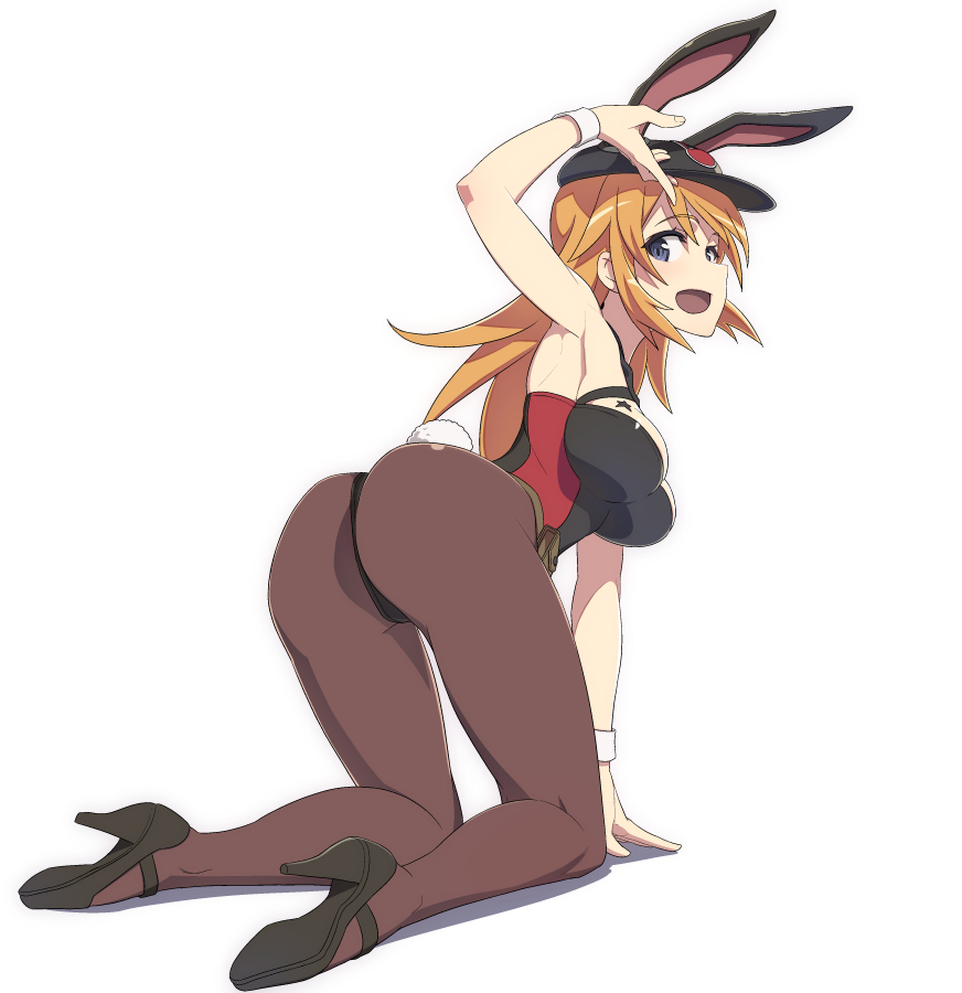 1girl animal_hat arm_support bangs black_footwear black_headwear black_legwear black_leotard blue_eyes breasts bunny_hat bunny_tail charlotte_e._yeager commentary fake_tail hat high_heels kneeling large_breasts leaning_forward leotard long_hair looking_at_viewer looking_back nanashino one_eye_closed orange_hair pantyhose playboy_bunny shadow simple_background smile solo strike_witches tail white_background world_witches_series wristband