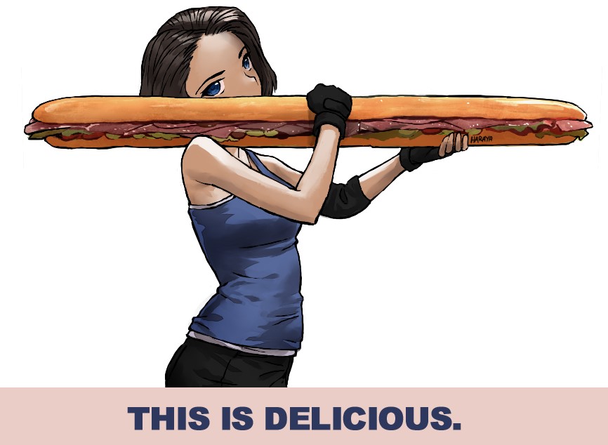 1girl artist_name blue_eyes brown_hair english_text fingerless_gloves food gloves haraya_manawari holding holding_food jill_valentine resident_evil resident_evil_3 sandwich signature solo submarine_sandwich tank_top upper_body white_background