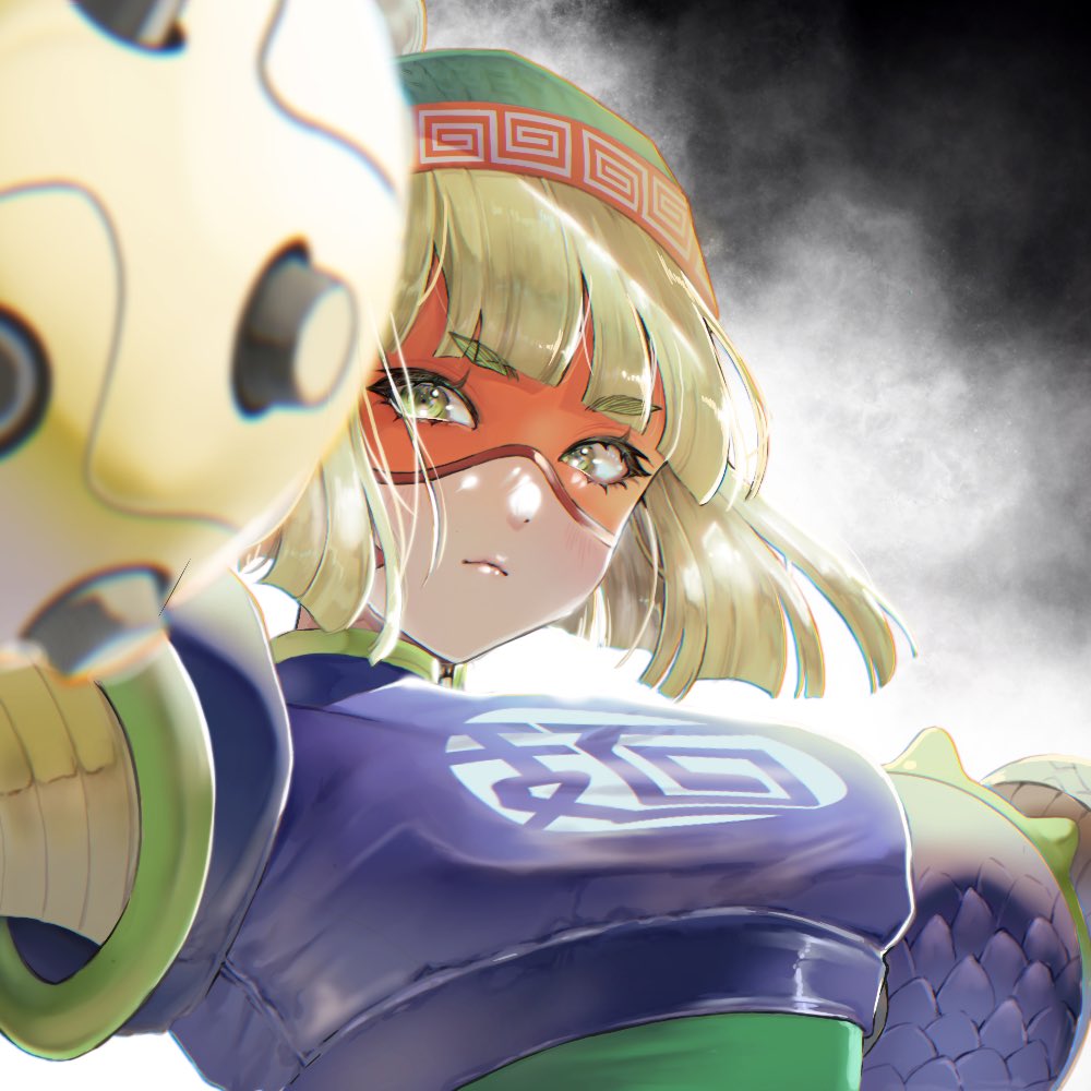 1girl arms_(game) artist_request bangs beanie blonde_hair blunt_bangs breasts chinese_clothes domino_mask dragon dragon_(arms) food green_eyes hair_ornament hair_ribbon hat legwear_under_shorts looking_at_viewer mask megawatt_(arms) min_min_(arms) noodles ribbon short_hair shorts solo