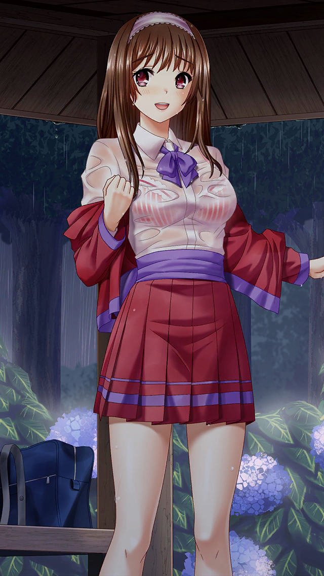 1girl :d bag bangs blush bra brown_hair collared_shirt doukyuusei_another_world dress_shirt eyebrows_visible_through_hair flower game_cg hair_between_eyes hairband hydrangea jacket kakyuusei long_hair long_sleeves looking_at_viewer miniskirt official_art open_clothes open_jacket open_mouth outdoors pink_hairband pleated_skirt purple_neckwear rain red_bra red_eyes red_jacket red_skirt school_bag see-through shiny shiny_hair shirt skirt smile solo standing striped striped_bra underwear vertical-striped_bra vertical_stripes wet wet_clothes wet_hair wet_shirt white_shirt wing_collar yuuki_mizuho