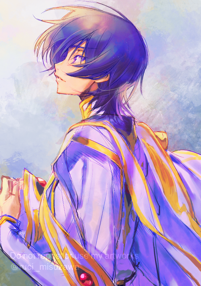 1boy black_hair c_(rahit) code_geass hat holding holding_clothes holding_hat lelouch_lamperouge painting_(medium) short_hair smile solo traditional_media violet_eyes watercolor_(medium) watermark