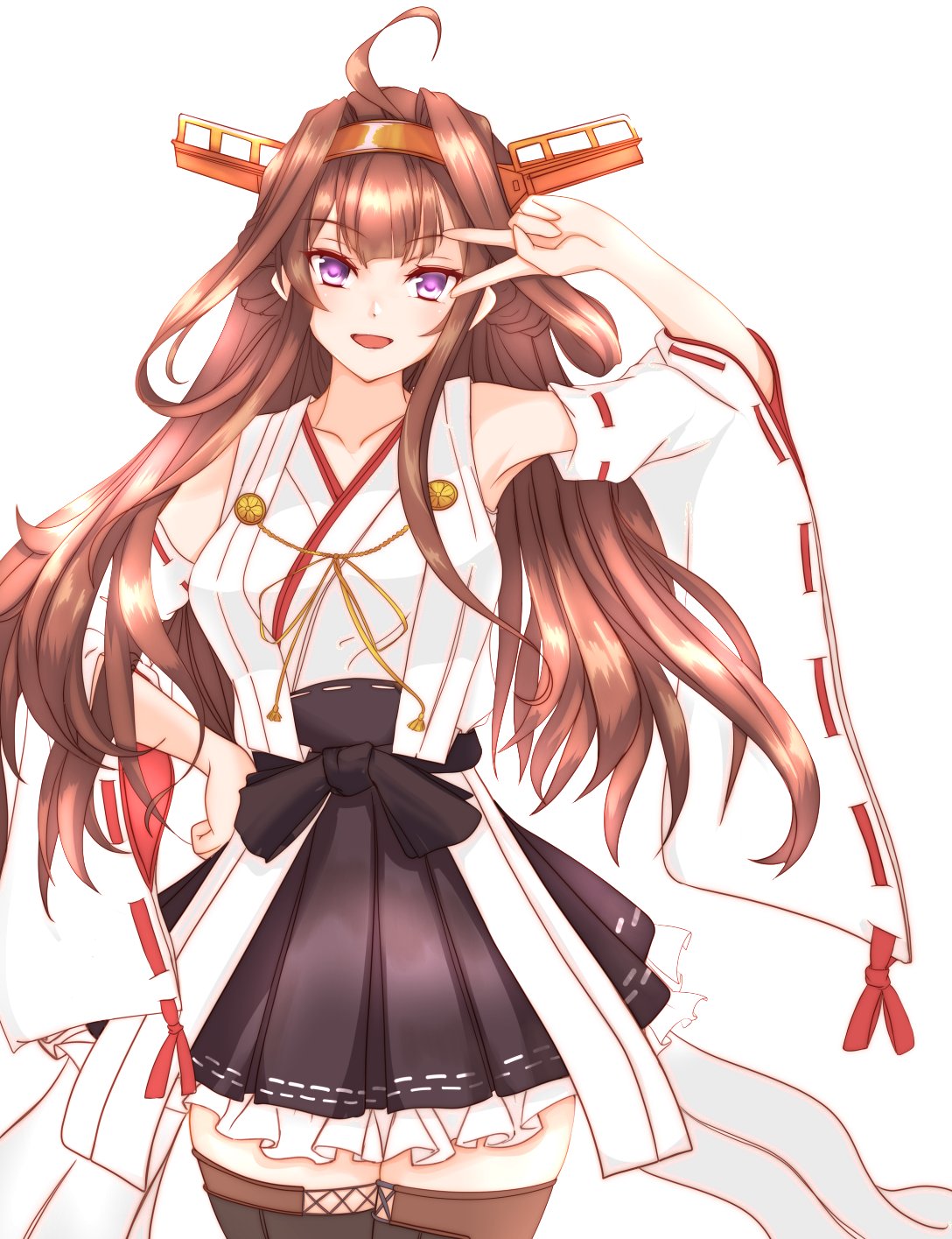 1girl ahoge black_skirt boots brown_hair commentary_request cowboy_shot detached_sleeves double_bun hairband hakama_skirt headgear highres japanese_clothes kantai_collection kongou_(kancolle) long_hair nitamago_(sakamalh) ribbon-trimmed_sleeves ribbon_trim simple_background skirt solo thigh-highs thigh_boots v_over_eye violet_eyes white_background