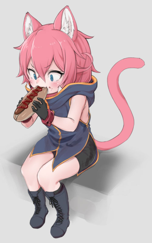 1girl animal_ear_fluff animal_ears black_footwear blue_eyes boots cat_ears cat_tail cross-laced_footwear eating full_body gloves hot_dog ketchup nyifu original pink_hair shirt sleeveless sleeveless_shirt tail