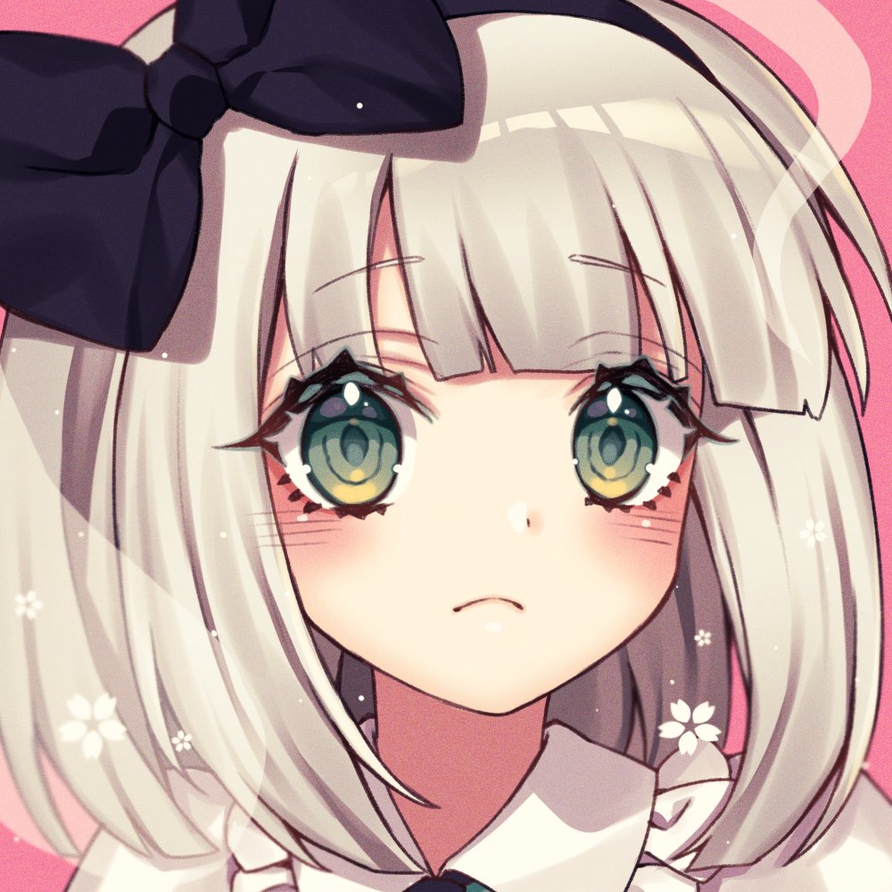 1girl :&lt; bangs black_bow black_hairband blush bow closed_mouth eyebrows_visible_through_hair flower ghost green_eyes hairband konpaku_youmu kyouda_suzuka looking_at_viewer md5_mismatch pink_background short_hair silver_hair simple_background solo touhou