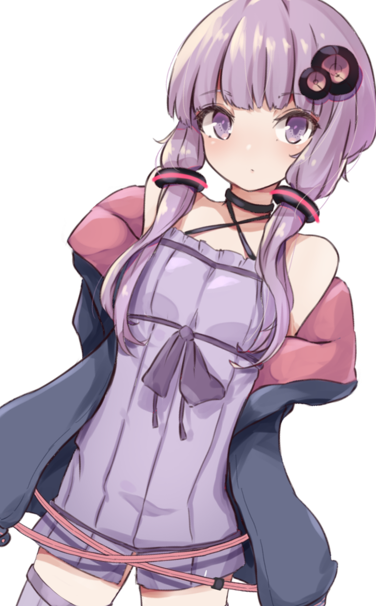 1girl bangs bare_shoulders black_jacket blush closed_mouth commentary_request criss-cross_halter dress eyebrows_visible_through_hair hair_ornament halterneck highres jacket long_hair off_shoulder open_clothes open_jacket purple_dress purple_hair purple_legwear simple_background solo thigh-highs violet_eyes vocaloid voiceroid white_background yusake_san yuzuki_yukari