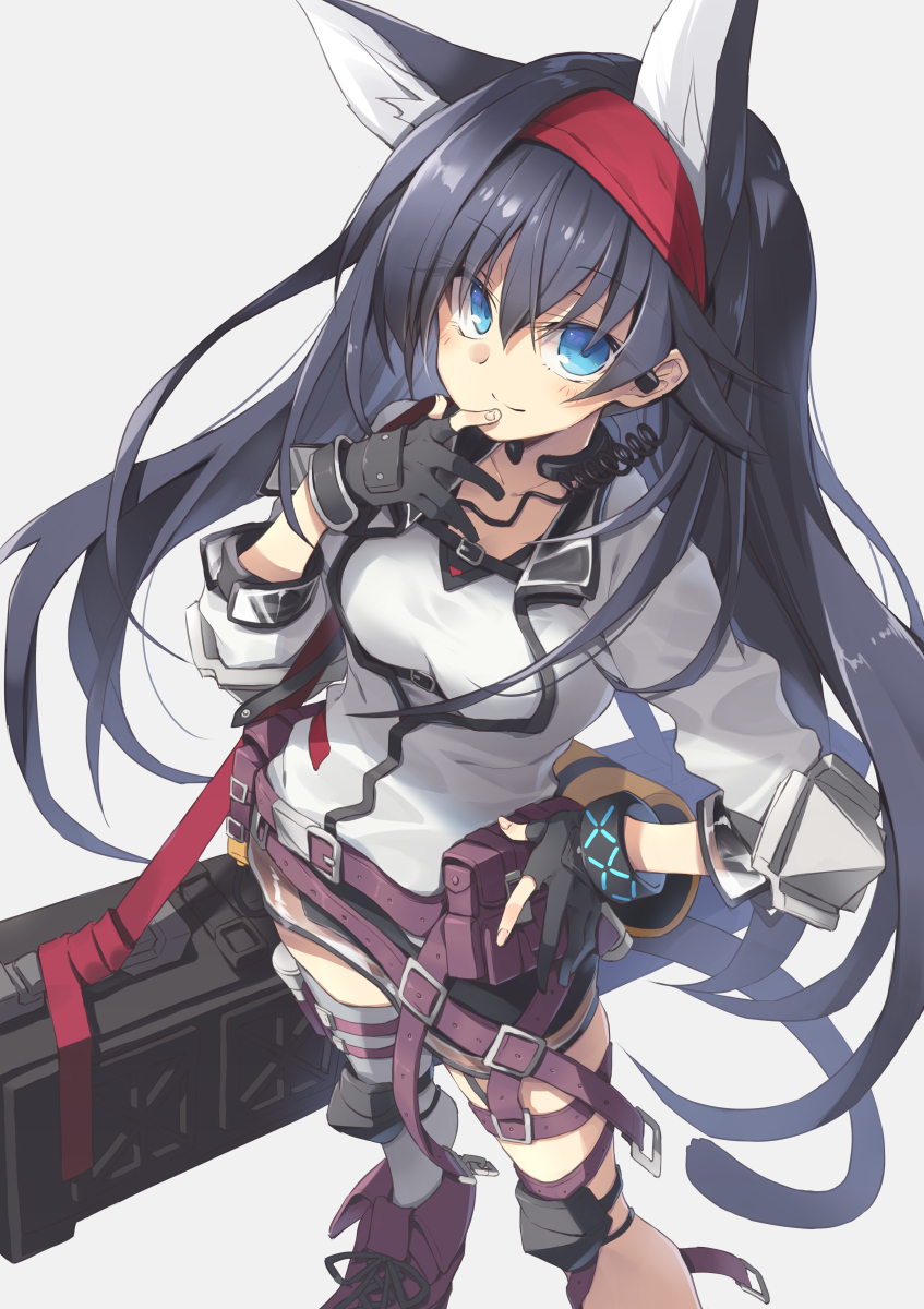 1girl animal_ears arknights black_gloves black_hair blaze_(arknights) blue_eyes cat_ears cat_girl cat_tail commentary earpiece extra_ears eyebrows_visible_through_hair fingerless_gloves gloves hairband hand_to_own_mouth highres infection_monitor_(arknights) long_hair looking_at_viewer mismatched_legwear pouch purple_belt purple_footwear red_hairband satou_kibi shirt solo standing strap tail very_long_hair white_legwear white_shirt wristband