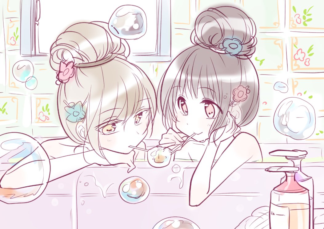 2girls bangs bath bathing bathroom bathtub blush brown_hair bubble bubble_blowing couple drinking_straw expressionless eyebrows_visible_through_hair flower futaribeya hair_between_eyes hair_bun hair_flower hair_ornament hairband happy kawawa_sakurako leaning_on_object light_brown_hair looking_at_another multiple_girls nude portrait red_eyes shared_bathing smile soap soap_bottle soap_bubbles water window yamabuki_kasumi yellow_eyes yukiko_(tesseract)