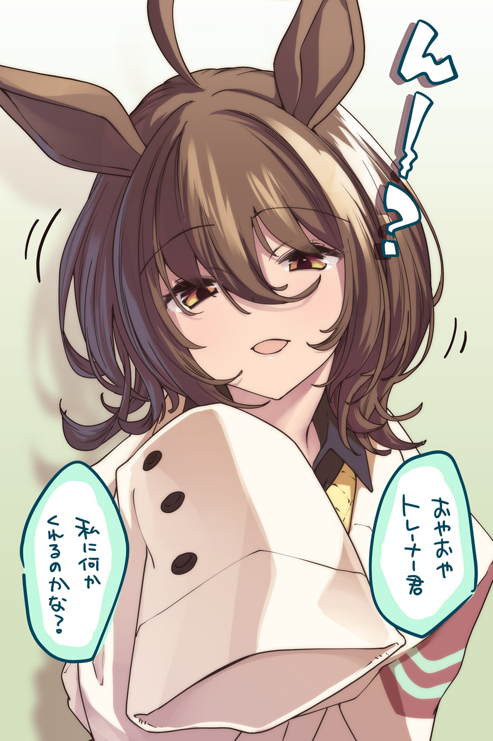 1girl agnes_tachyon_(umamusume) ahoge animal_ears bad_anatomy bad_neck brown_eyes brown_hair coat eyebrows_visible_through_hair hair_between_eyes highres horse_ears horse_girl labcoat motion_lines open_mouth short_hair sleeves_past_fingers sleeves_past_wrists solo speech_bubble thomasz translation_request umamusume upper_body white_coat