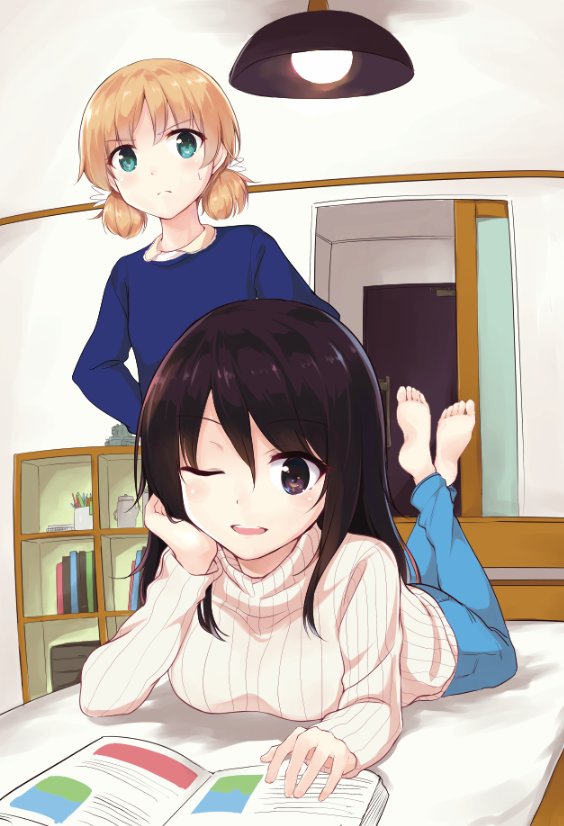 2girls aki_(girls_und_panzer) arm_support bangs barefoot bed bedroom blue_eyes blue_pants blue_sweater book bookshelf brown_eyes brown_hair casual closed_mouth commentary_request girls_und_panzer hands_on_hips head_rest indoors light_brown_hair long_hair long_sleeves looking_at_another lying mika_(girls_und_panzer) miyazakit multiple_girls no_hat no_headwear on_stomach one_eye_closed pants parted_lips ribbed_sweater shirt short_hair smile standing sweater textless white_shirt