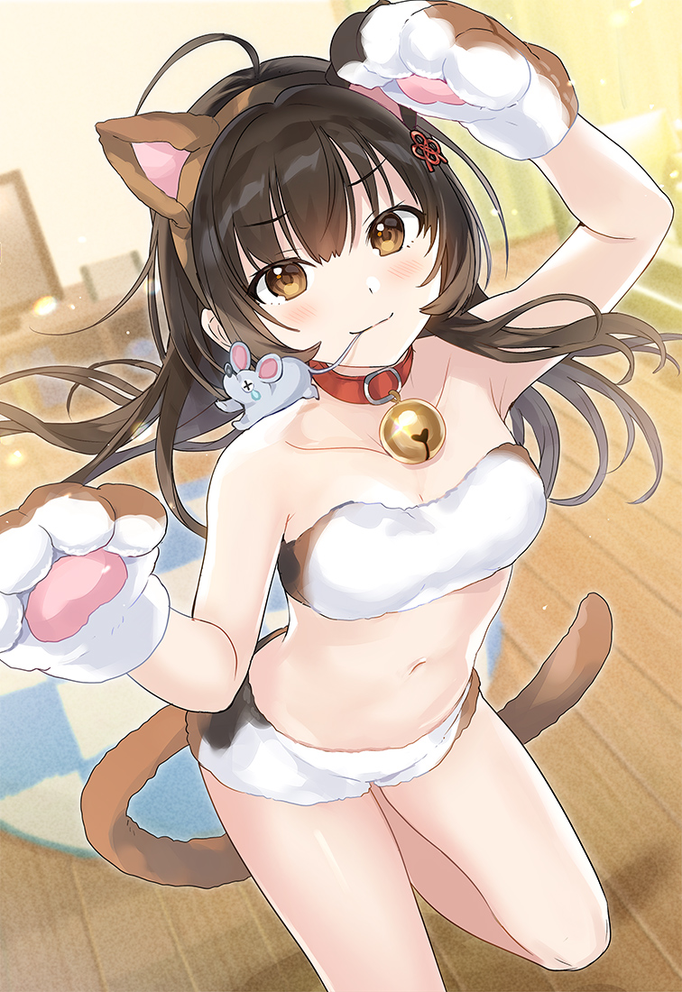 1girl ahoge animal_ears animal_print arms_up bandeau bare_arms bare_shoulders breasts brown_eyes brown_hair cat_ears cat_girl cat_print cat_tail fake_animal_ears fake_tail gloves leg_up long_hair looking_at_viewer medium_breasts micro_shorts midriff navel original paw_gloves paws short_shorts shorts smile solo stomach strapless tail tan_(tangent) thighs tubetop underwear underwear_only v-shaped_eyebrows white_shorts