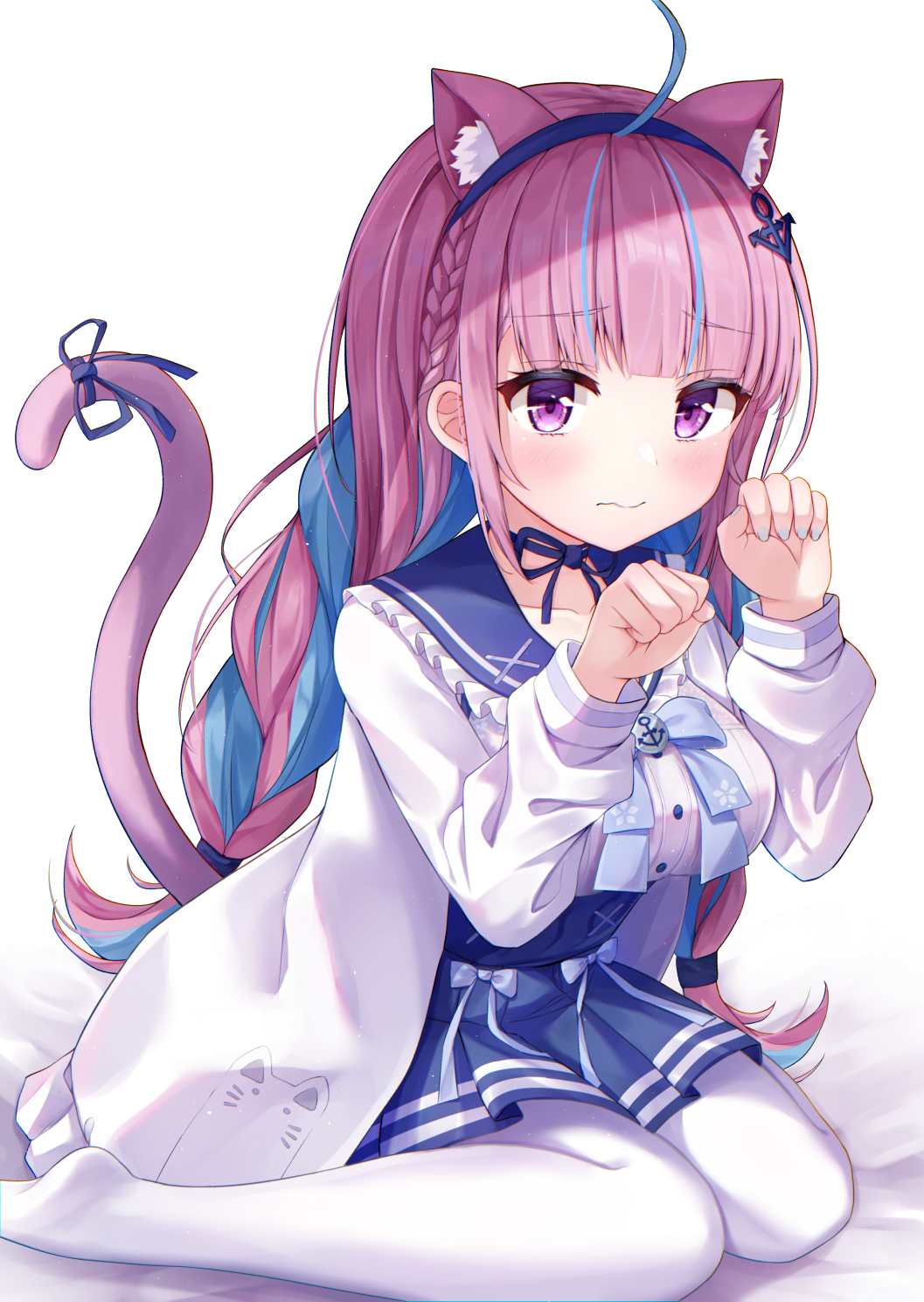 1girl ahoge anchor_hair_ornament animal_ear_fluff animal_ears bangs blue_choker blue_hair blue_nails blue_ribbon blue_skirt blue_sky blunt_bangs blush braid breasts cat_ears cat_girl cat_tail choker commentary_request eyebrows_visible_through_hair frilled_sailor_collar frills hair_ornament hairband highres hololive jacket long_hair long_sleeves looking_at_viewer medium_breasts minato_aqua multicolored_hair nail_polish no_shoes open_clothes open_jacket pantyhose paw_pose pink_hair pleated_skirt ribbon ribbon_choker sailor_collar school_uniform serafuku shirt shishou_(doragyurosu) sitting skirt sky solo tail tail_ornament tail_ribbon twin_braids twintails two-tone_hair very_long_hair violet_eyes virtual_youtuber wariza white_background white_jacket white_legwear white_shirt