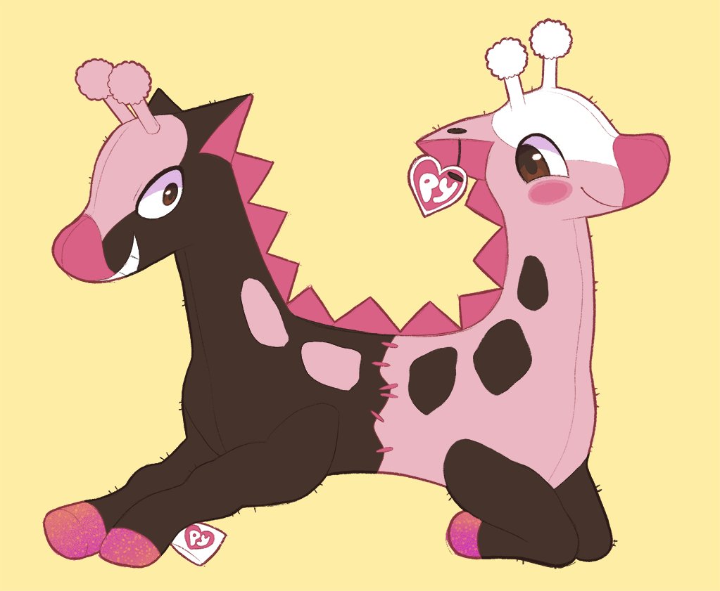 blush_stickers brown_eyes closed_mouth commentary doll full_body fusion gen_7_pokemon girafarig_(prototype) grin label no_humans pokemon pokemon_(creature) pokepuff simple_background smile stufful teeth yellow_background